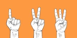 Three hand gestures against an orange background depicting the numbers 1, 2, and 3 with fingers.
