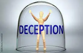 A mannequin trapped under a glass dome labeled "deception".