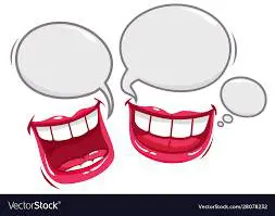 Two cartoon mouths with speech bubbles, one with an open mouth and one with a closed smile.