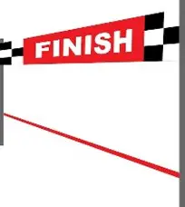 Finish line with checkered flag and red ribbon.